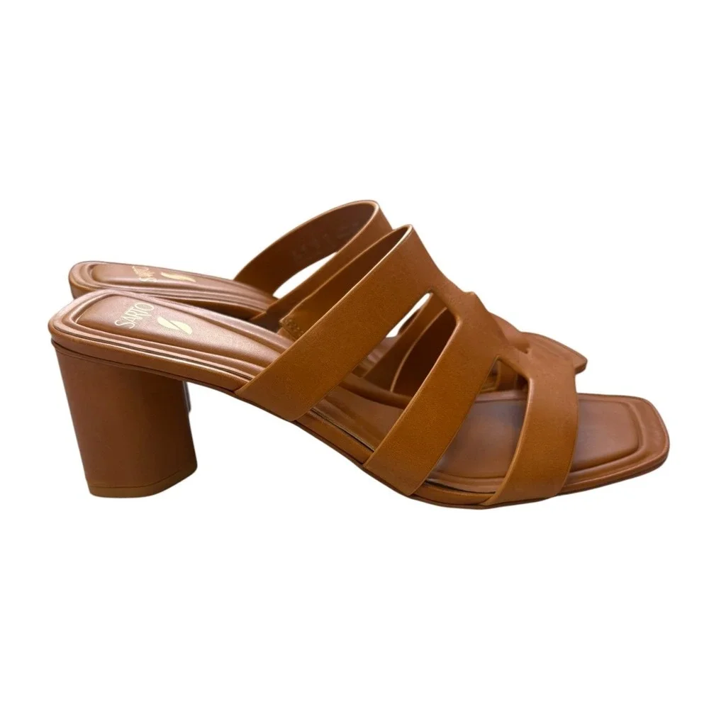 Sarto Flexa Carly Heeled Slide Sandals Cognac Square Toe Block Heel Mule 8.5